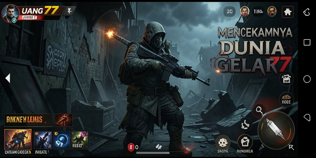 Tampilan gameplay UANG77 yang menegangkan di suasana suram.